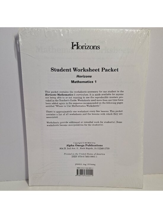 Alpha Omega Publications Other - Student Worksheet Horizons Mathematics 1 Packet 2019 Edition